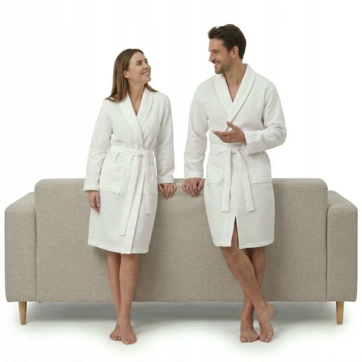 Szlafrok Biały Wafel Damski Męski Kimono Uniwersalny rozmiar SAUNA BASEN - S-XL - obrazek 3