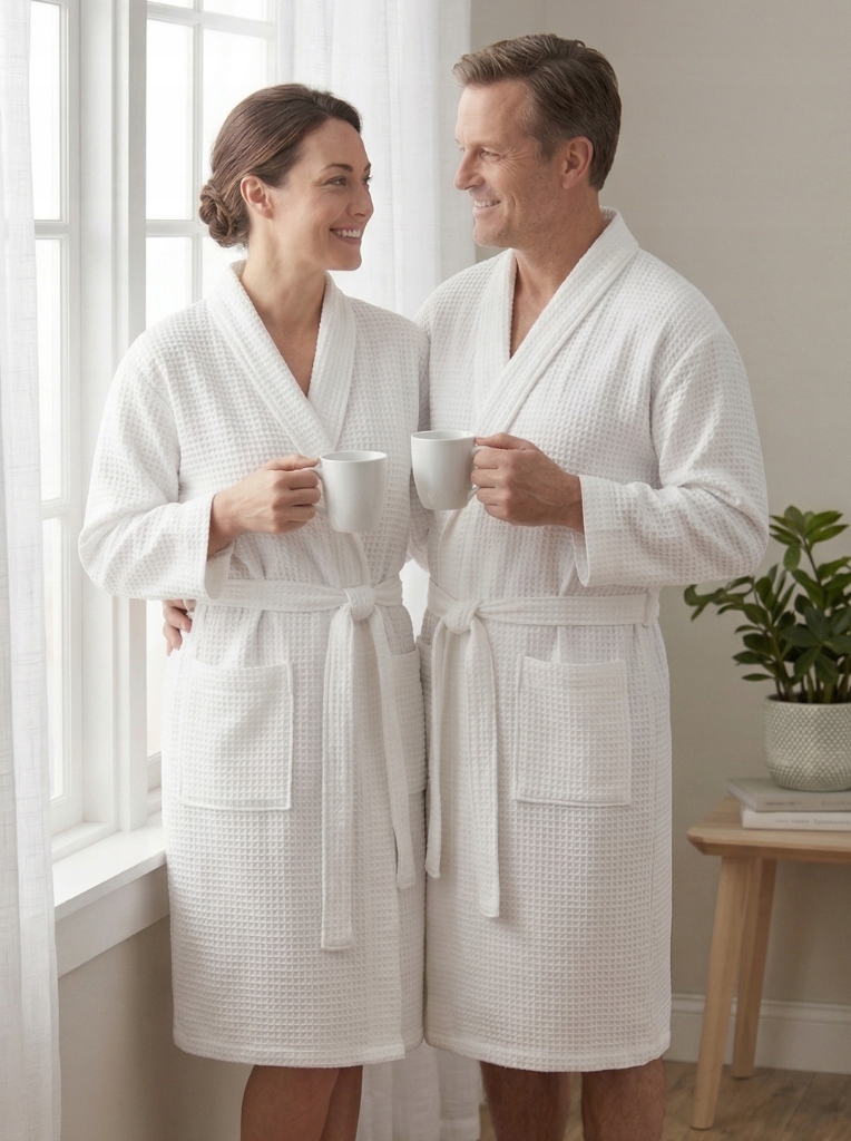 Szlafrok Biały Wafel Damski Męski Kimono Uniwersalny rozmiar SAUNA BASEN - S-XL - obrazek 6