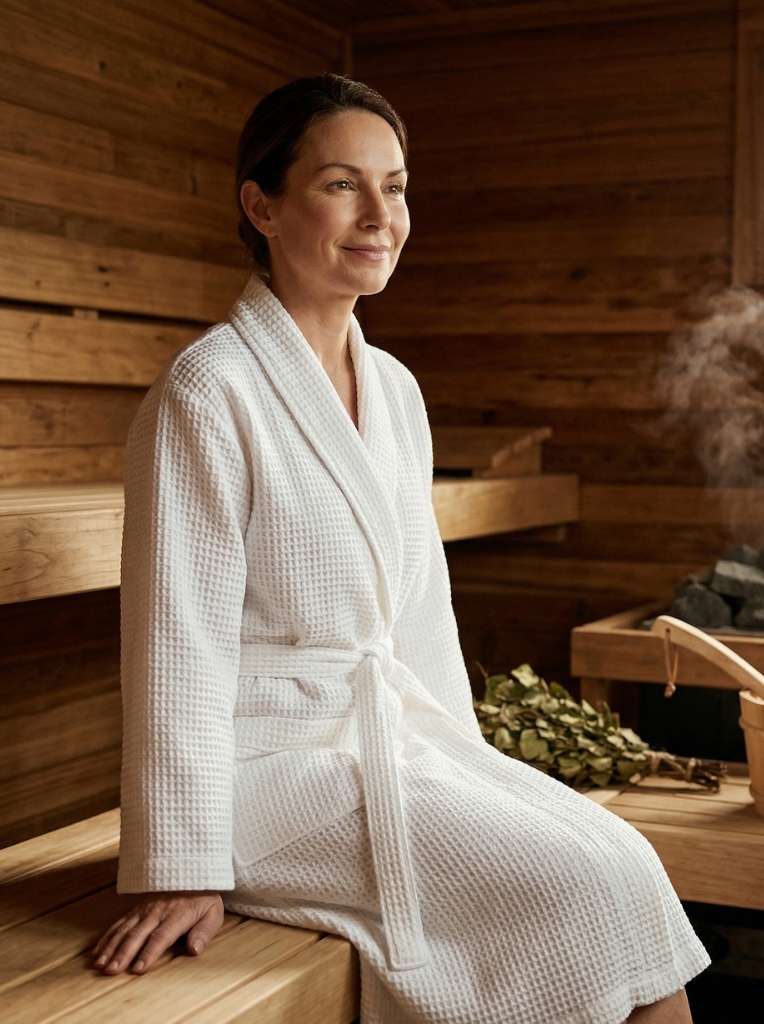 Szlafrok Biały Wafel Damski Męski Kimono Uniwersalny rozmiar SAUNA BASEN - S-XL - obrazek 4